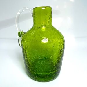 Green Crackle Glass Pitcher Cruet Hand Blown Applied Handle